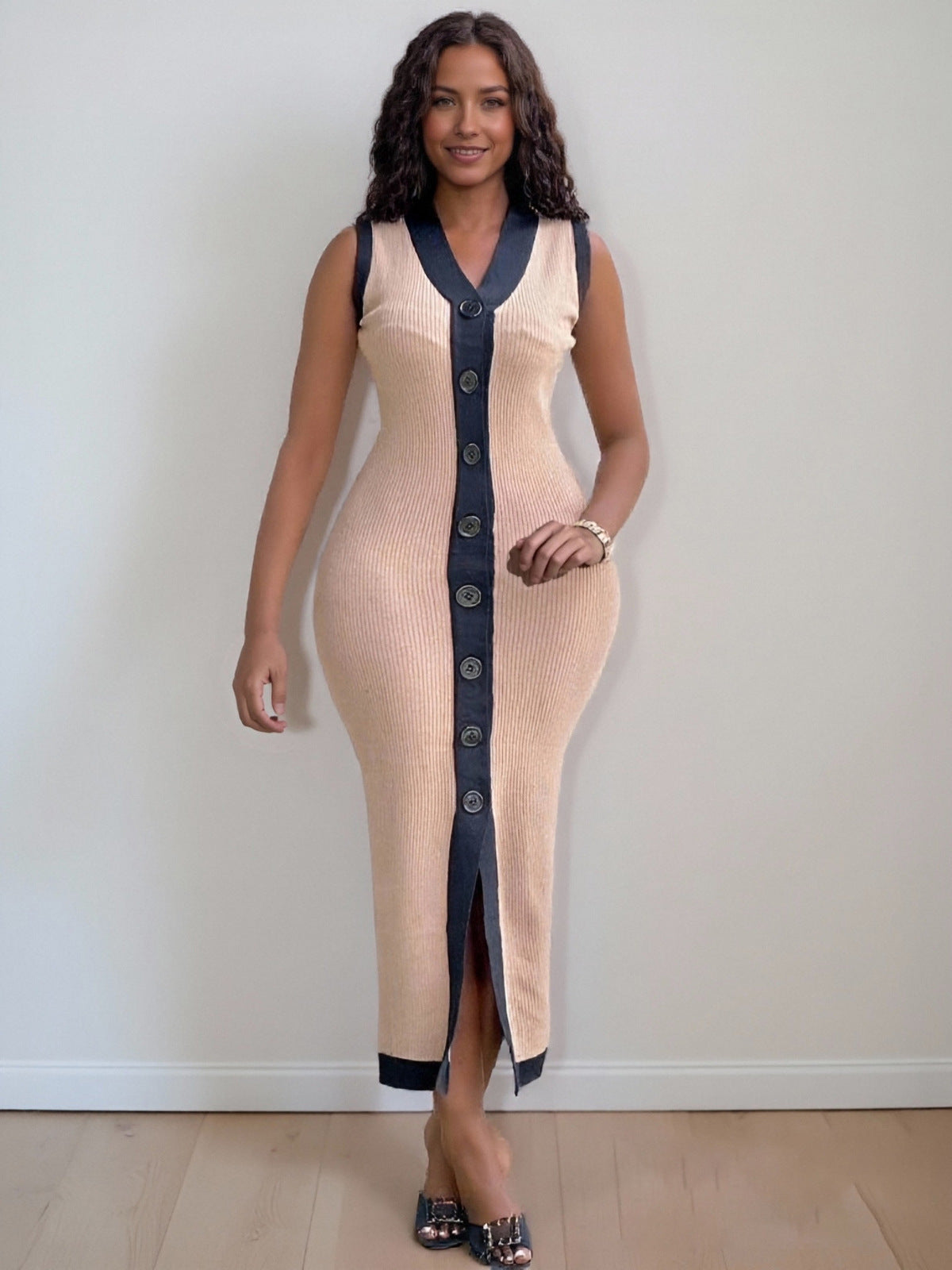 Women Fashion Casual Contrast Color Knitted V-Neck Dress