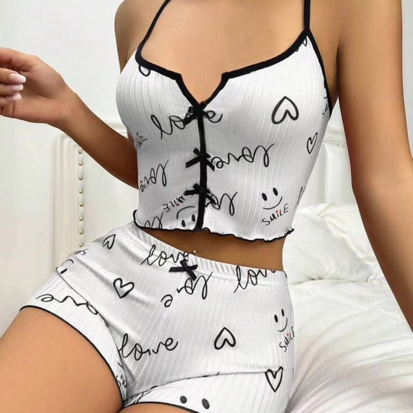 Women Fashion Sexy Printed Bowknot Camisole Shorts Set
