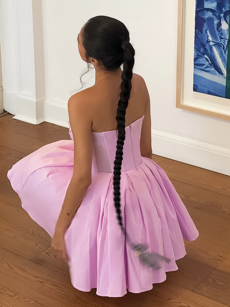 Vestido elegante de color liso sin tirantes y abullonado para mujer