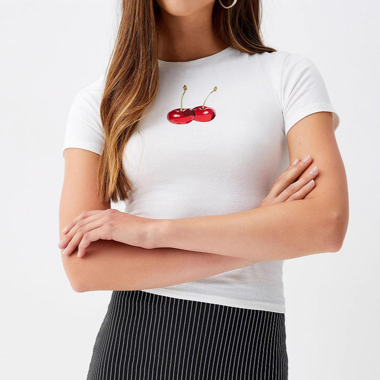 Camiseta informal de manga corta con cuello redondo y estampado de cerezas para mujer - Poliéster y elastano