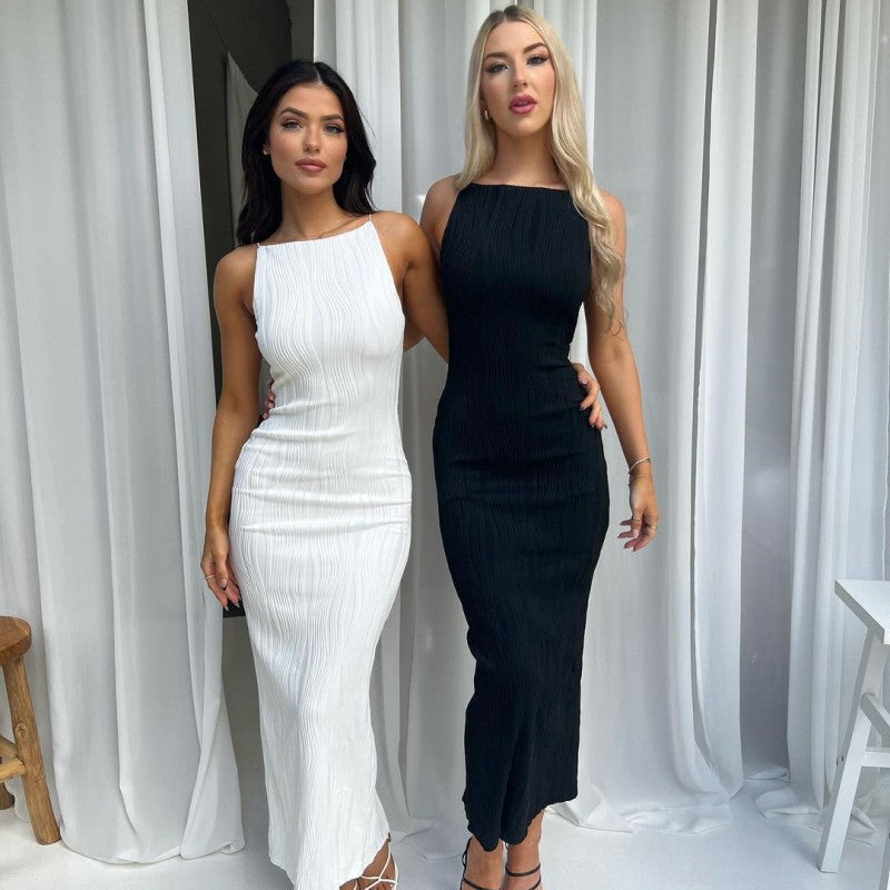 Women Fashion Sexy Solid Color Line Spaghetti Strap Dress