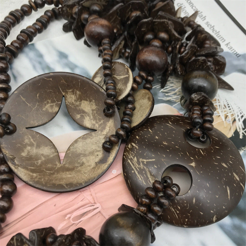 Unisex Bohemian Coir Wood Beaded Lariat Necklace