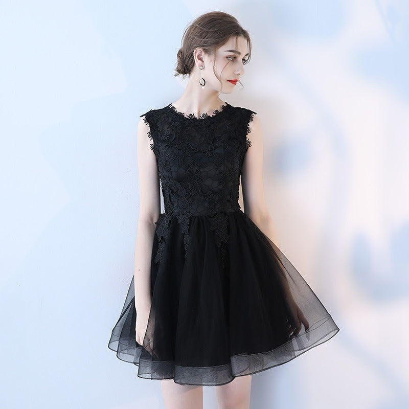Women Banquet Evening Dress Short Lace Mesh Princess Black Party Cocktail Dress