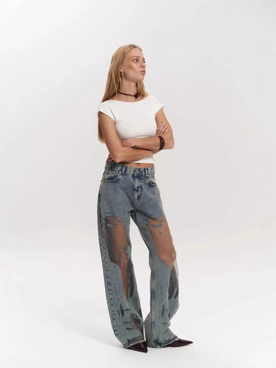 Women Fashion Creative Mesh Hollow Out Splicing Loose Wide Leg Jeans