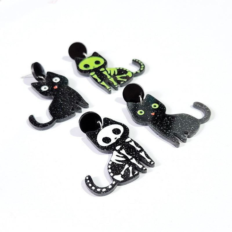 Halloween Women Fashion Glitter Skull Cat Earrings