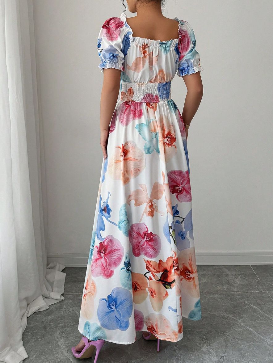 Women Fashion Casual Elegant Floral Printed Short-Sleeve Dress