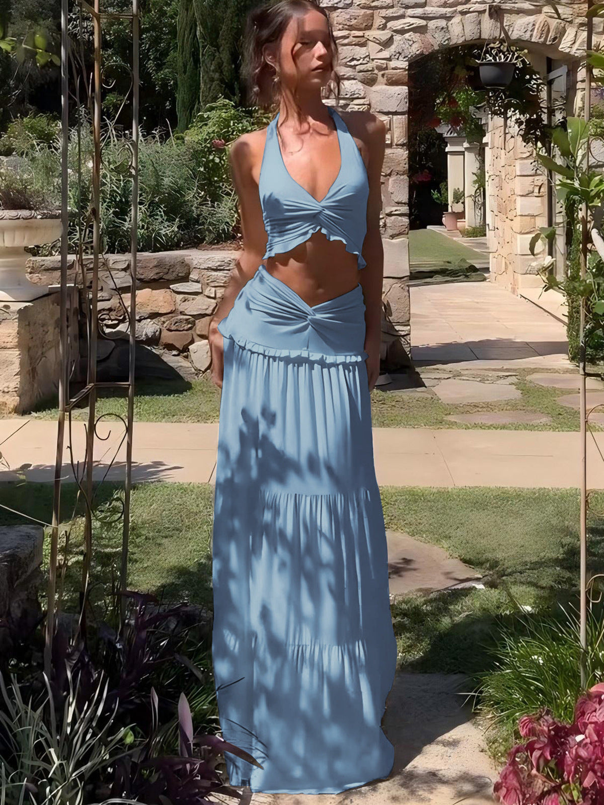 Ensemble haut court sexy à col licou et col en V pour femme