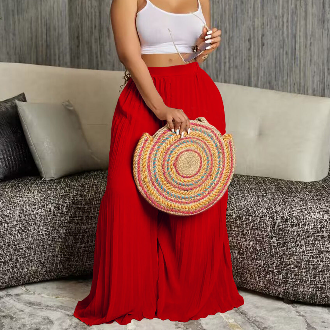 Pantalones anchos plisados de color liso informales a la moda para mujer
