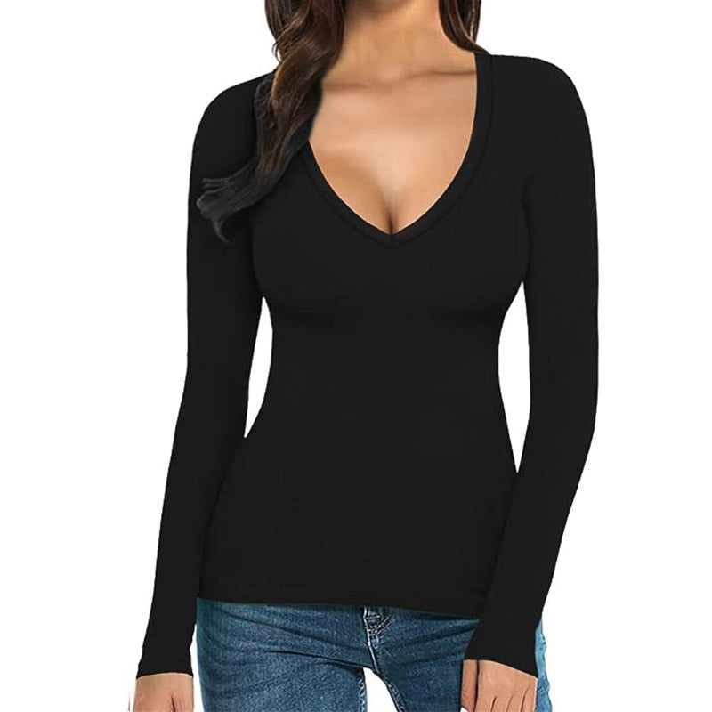 Women Casual Long-Sleeve V-Neck Polyester T-Shirt