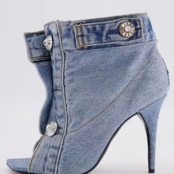 Zapatos casuales de mezclilla con punta cuadrada y tacón grueso para mujer