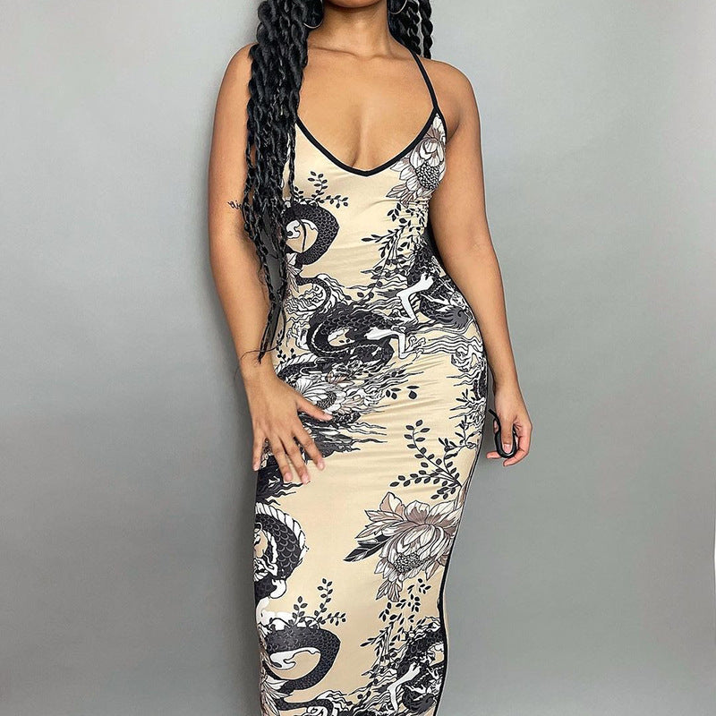 Vestido maxi ajustado con tirantes y estampado sexy para mujer, sin mangas, cintura alta, poliéster