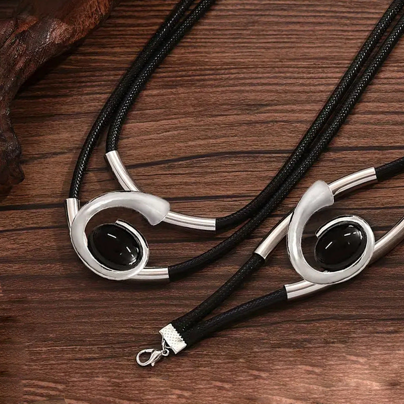 Women Casual Boho Gold & Black Necklace Bracelet Set