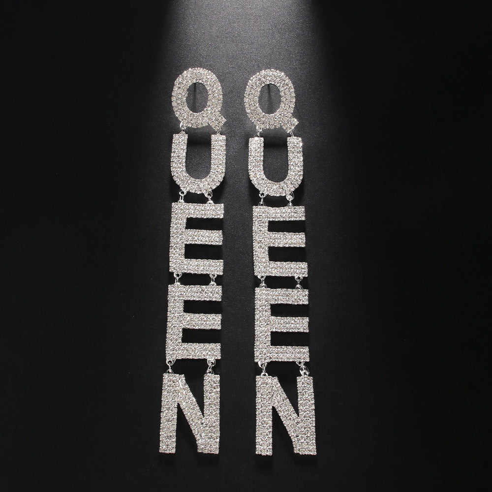 Women Fashion Exaggerated Long Zircon Queen Letter Earrings