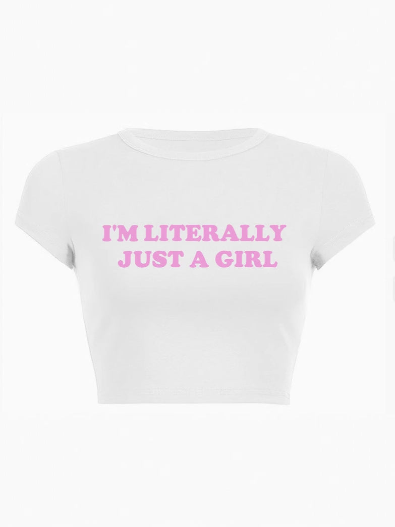 Camiseta de manga corta con estampado de letras para mujer, corte ajustado, estilo casual y moderno.