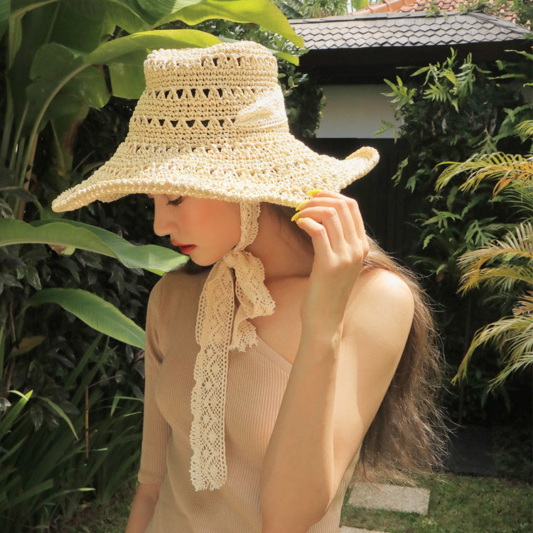 Chapeau de protection solaire en paille tissée à lanières en dentelle pour femme