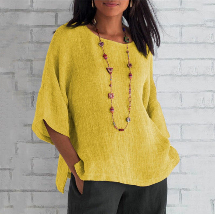 Blusa de algodón y lino con mangas tres cuartos para mujer