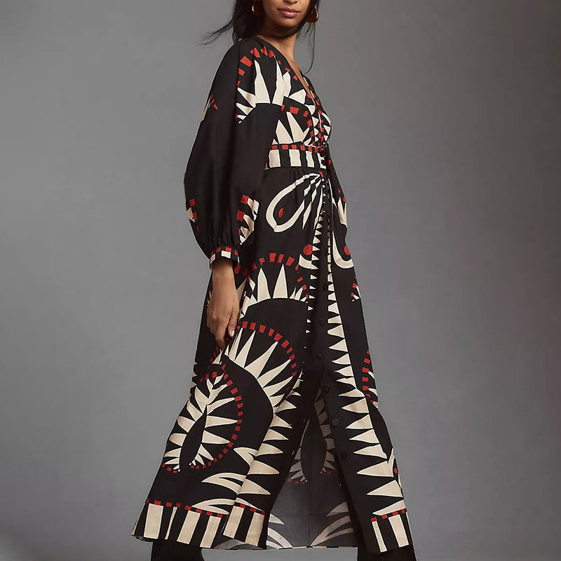 Vestido largo con cuello en V y estampado geométrico retro de talla grande para mujer