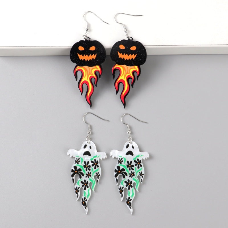 Halloween Women Horror Funny Flame Ghost Skull Earrings