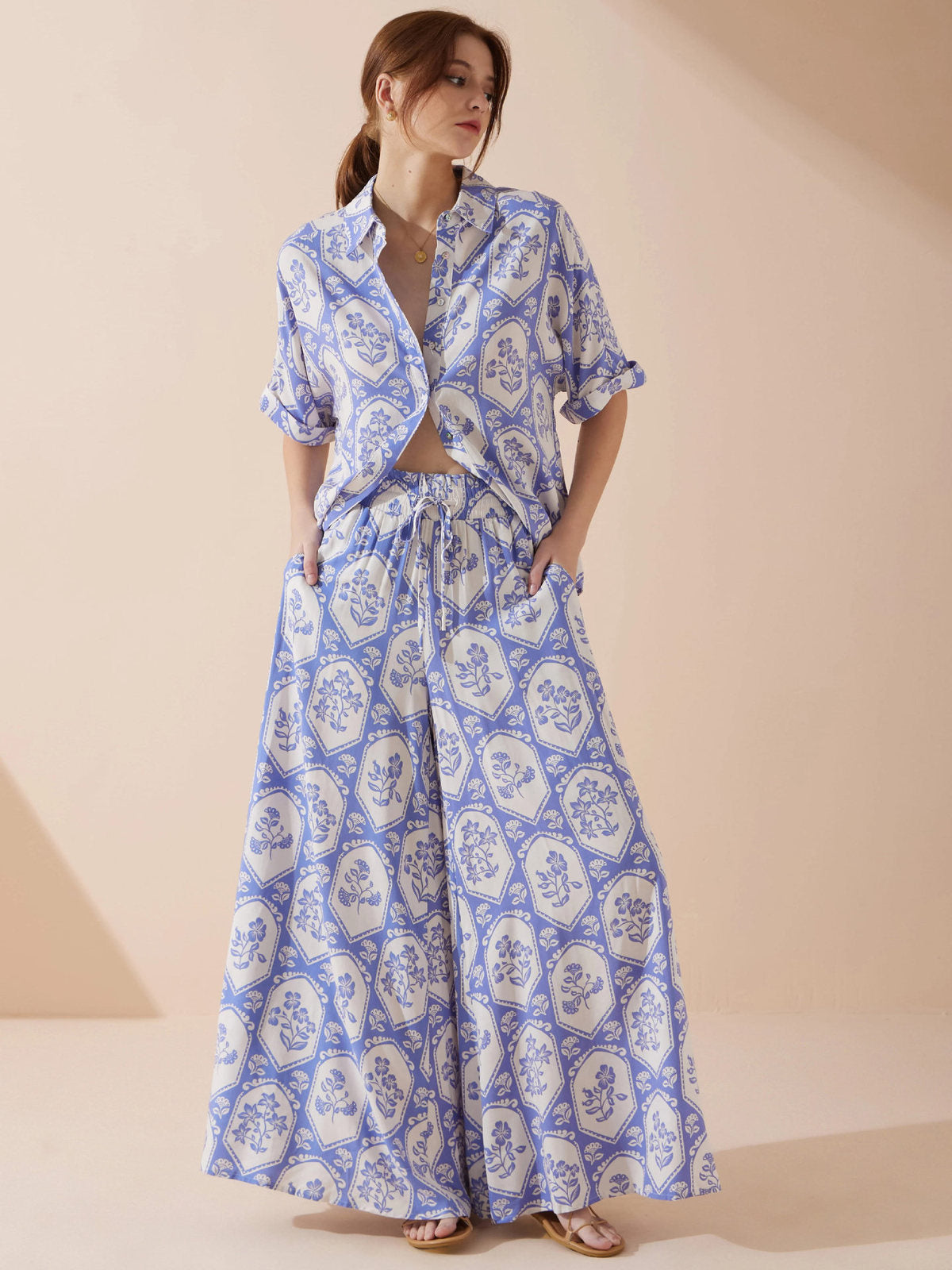 Pantalon large décontracté à imprimé floral style bohème pour femme
