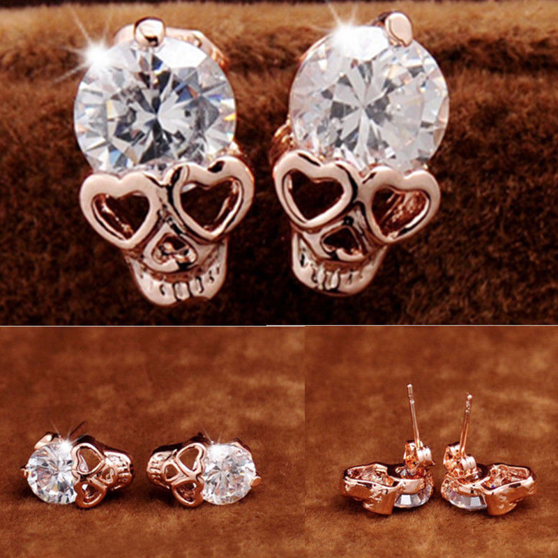 Women Rose Gold Tone Crystal Skull Stud Earrings