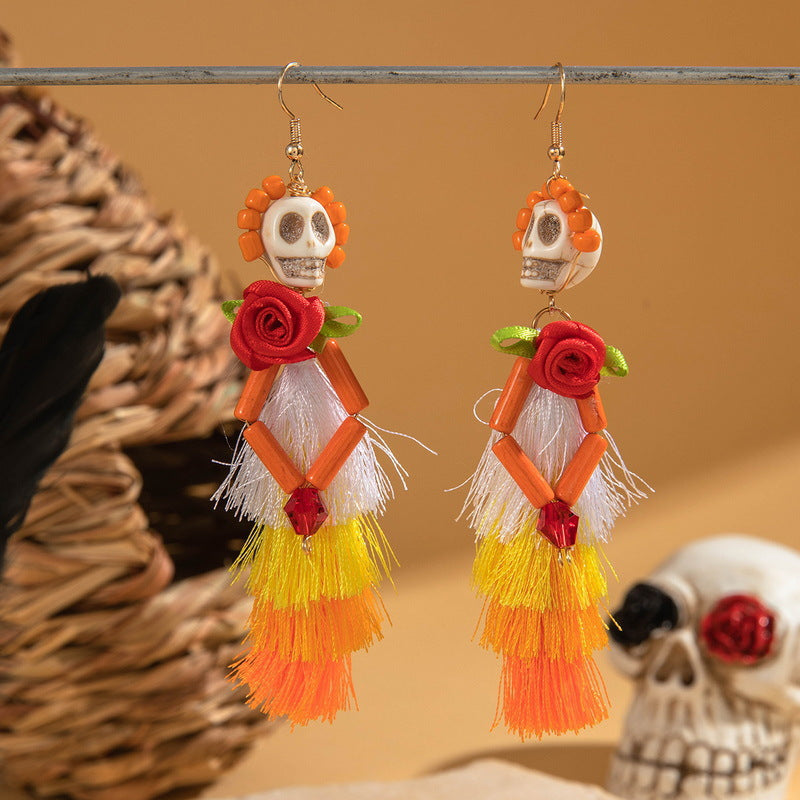 Pendientes de cuentas con borlas y calaveras divertidas de Halloween