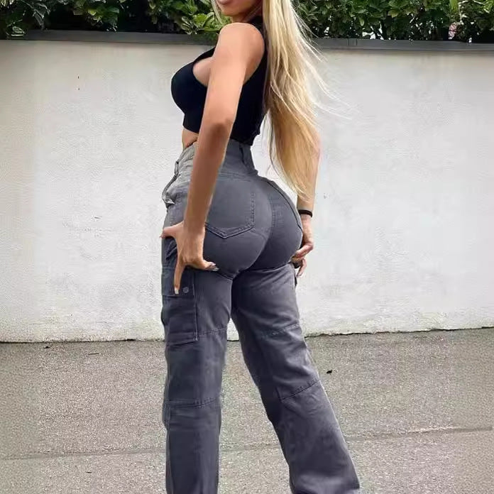 Pantalones ajustados informales de color liso con múltiples bolsillos y muy elásticos para mujer