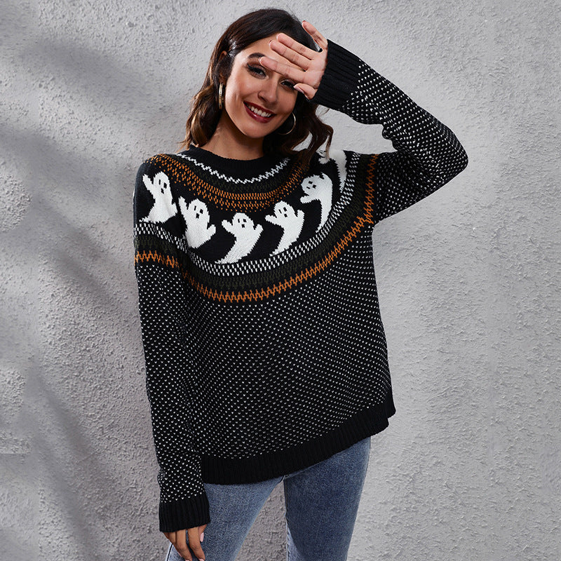 Pull décontracté à manches longues et pois pour femme