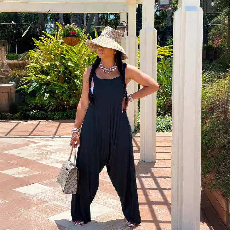 Women Fashion Casual Solid Color Sleeveless Jumpsuit