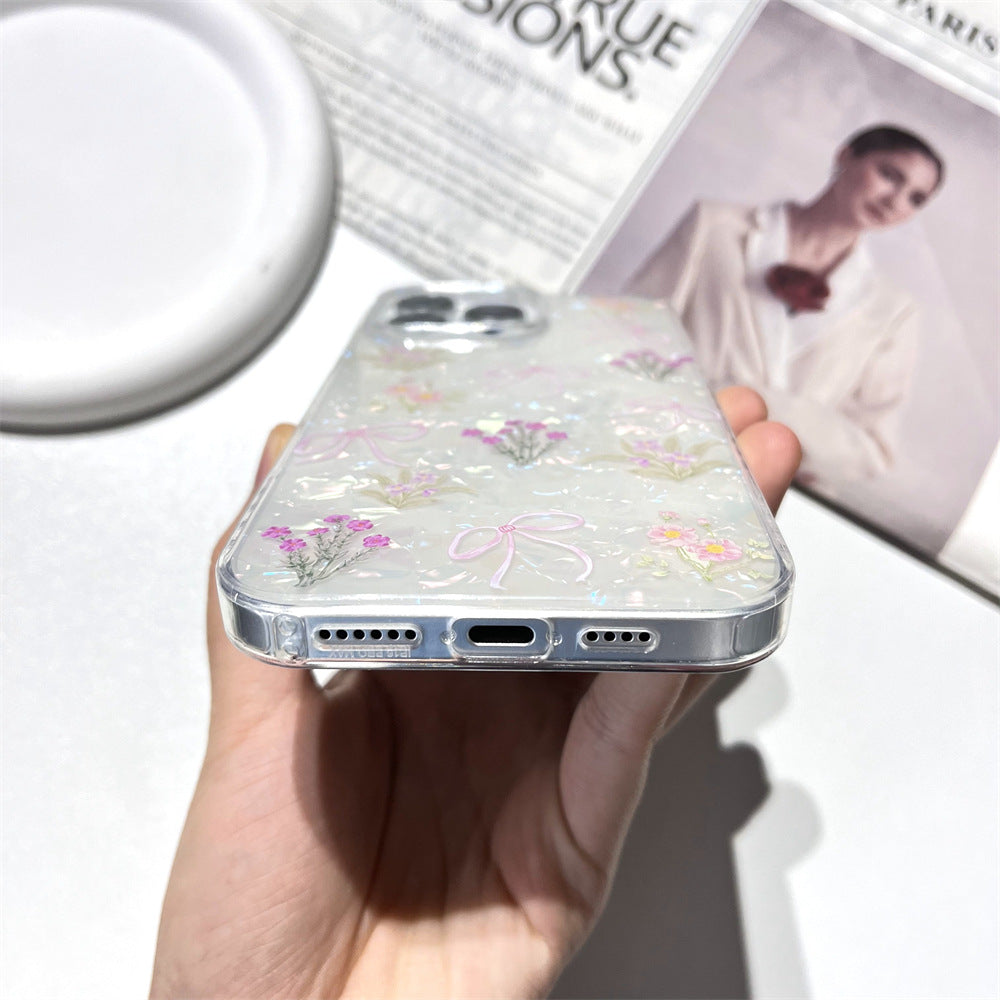Funda de teléfono de TPU suave con lazo y flores pequeñas para mujer