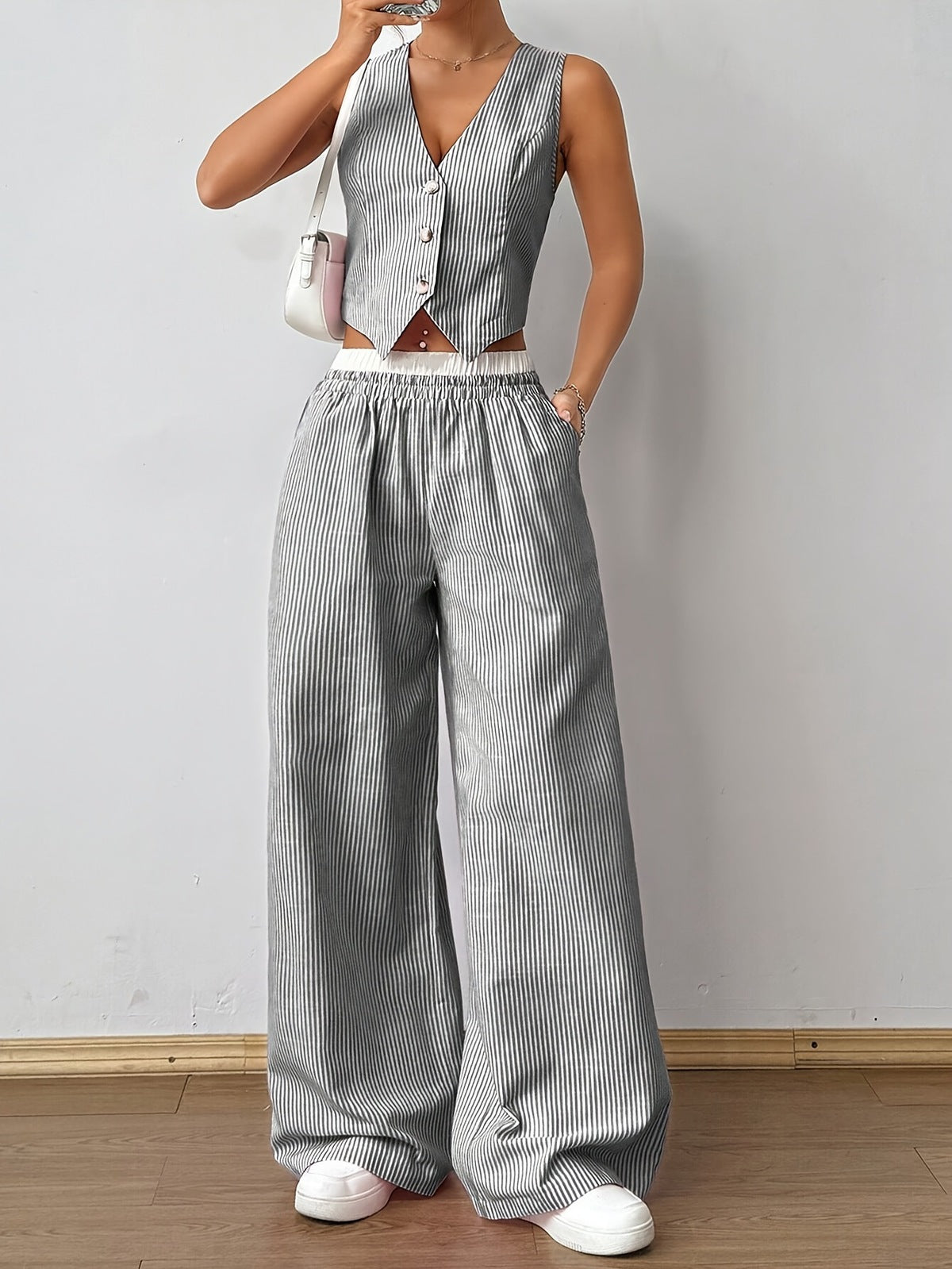 Conjunto de dos piezas con estampado de rayas para mujer, sin mangas, cuello en V y pierna ancha