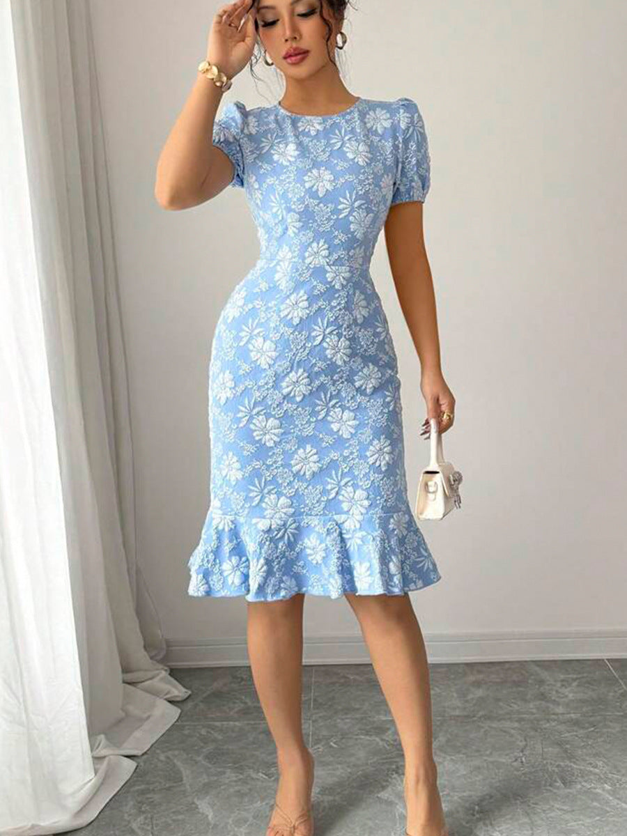 Women Fashion Elegant Flower Jacquard Short Sleeve Dress