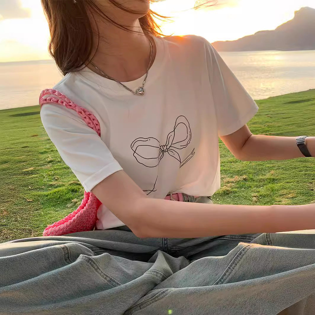 Women’s Casual Bowknot Printed Short-Sleeve T-Shirt