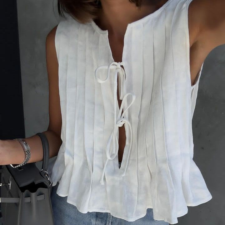 Spring And Summer Women Cotton Linen Lace-Up Blouse