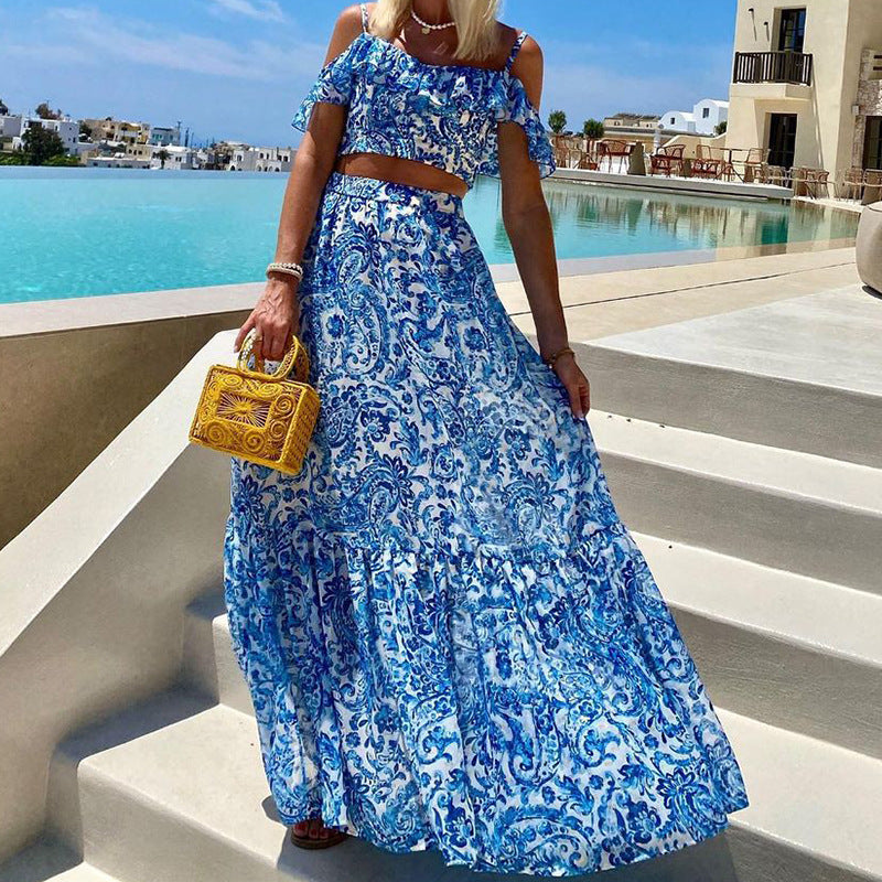 Boho Vacation Summer Women's Paisley Crop Top Skirt Set