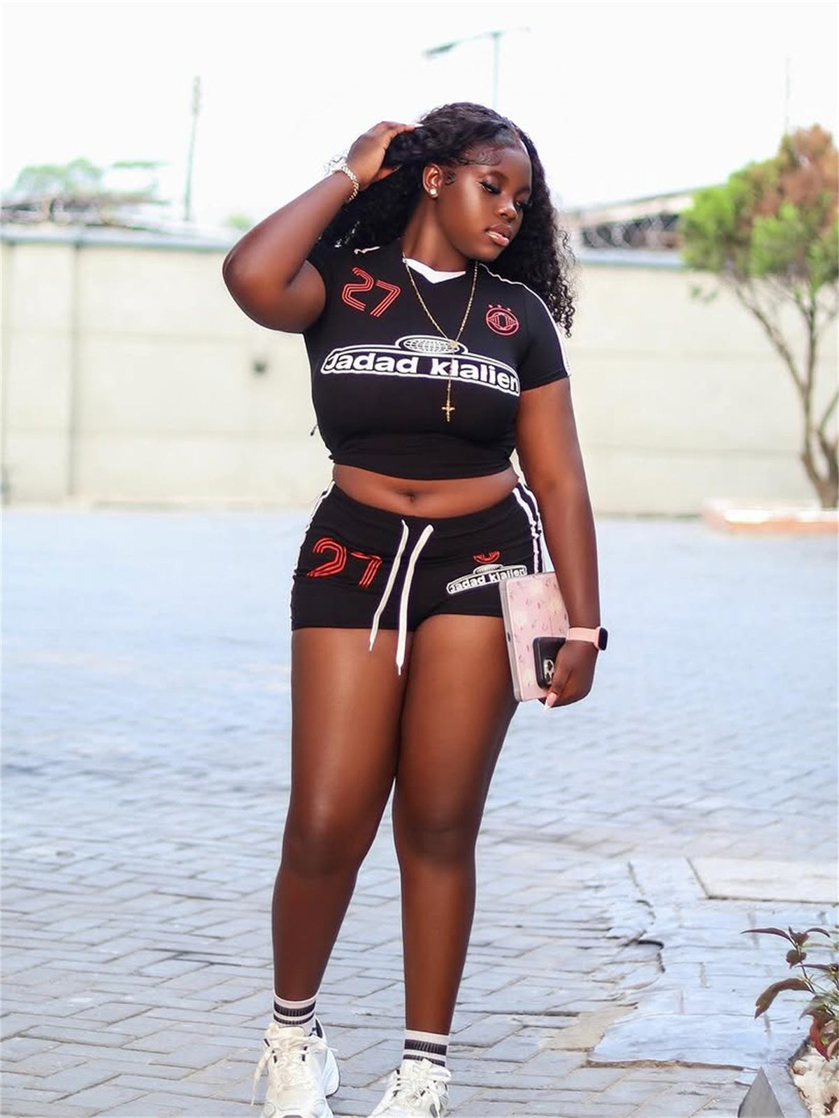 Women Fashion Printed Short-Sleeve T-Shirt and Slim-Fit Shorts Set