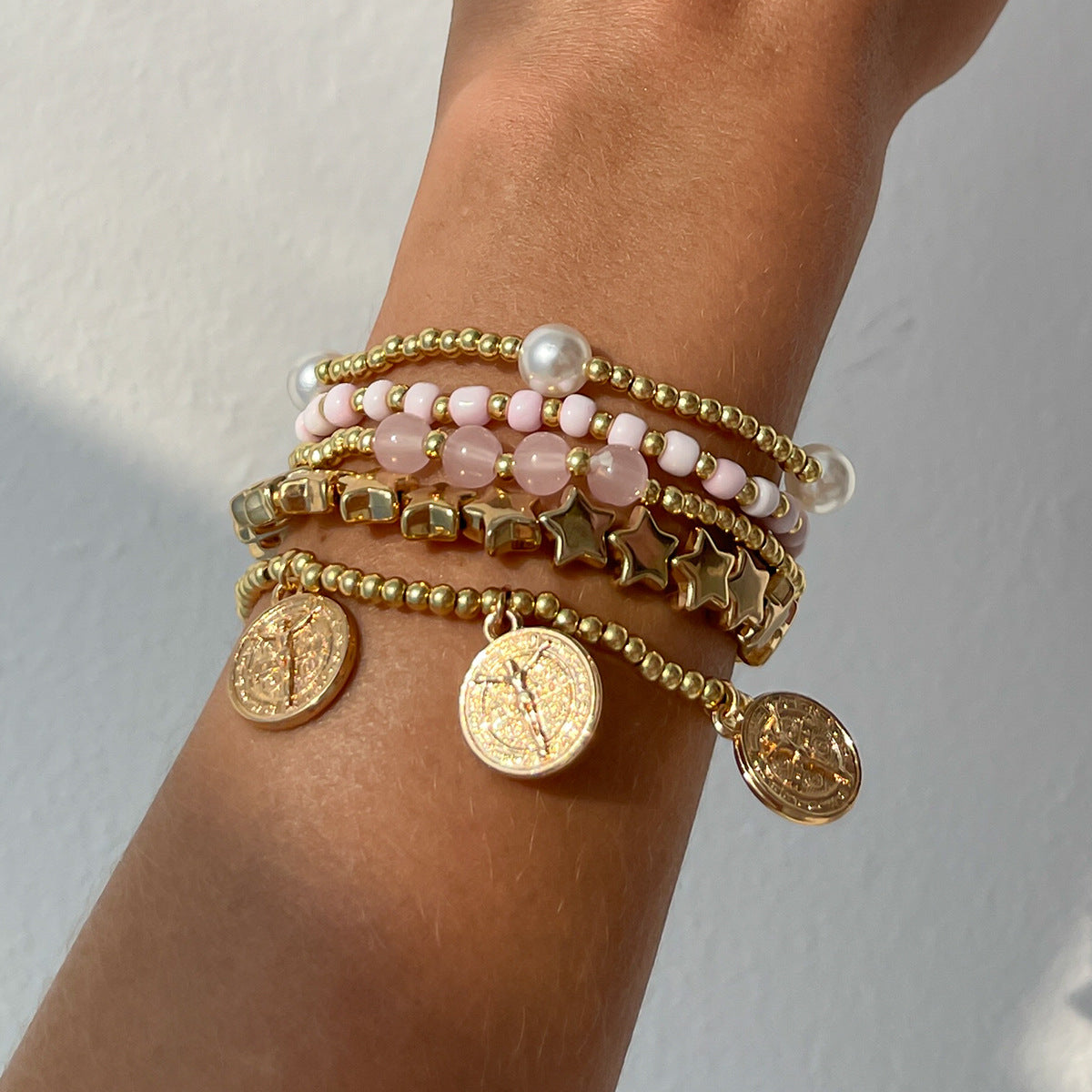 Women Fashion Beaded Star Pearl Multilayer Bracelet with Tassel
