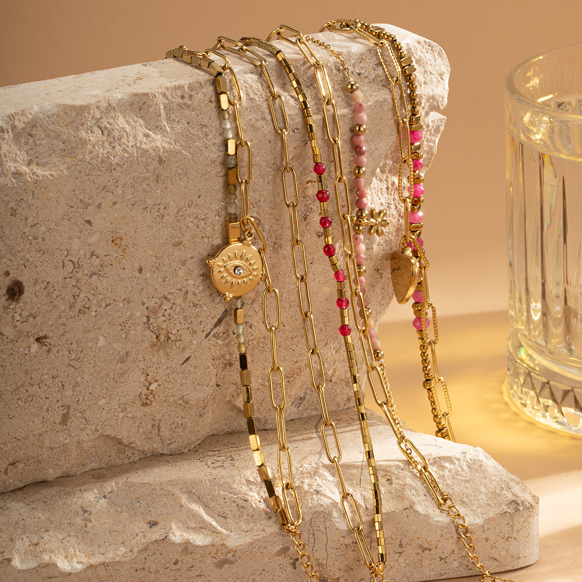 Pulsera bohemia de cuentas de acero y titanio de doble capa
