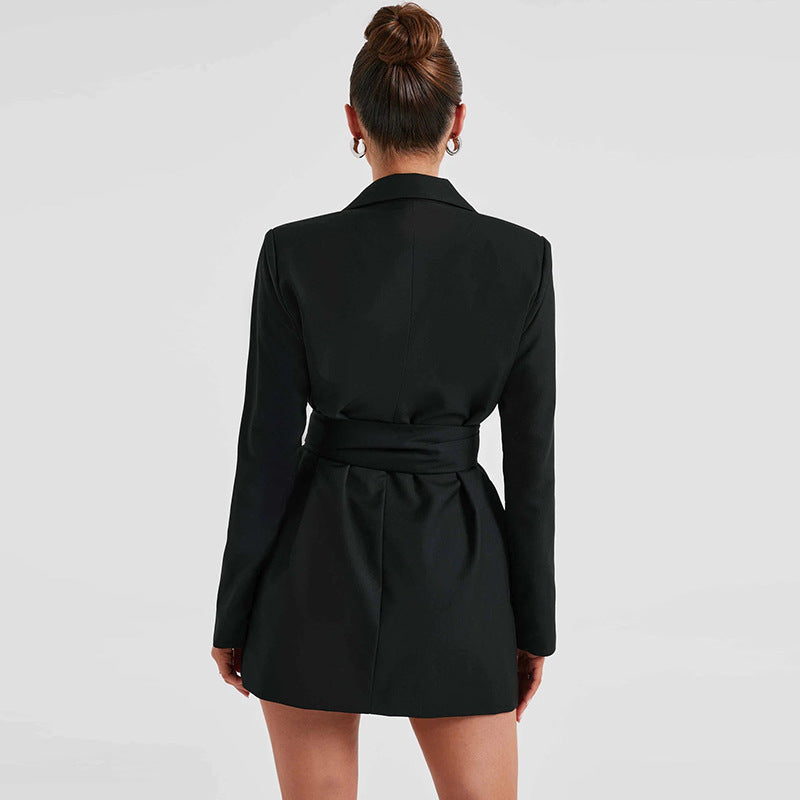 Manteau élégant à col en V et revers de couleur unie pour femme