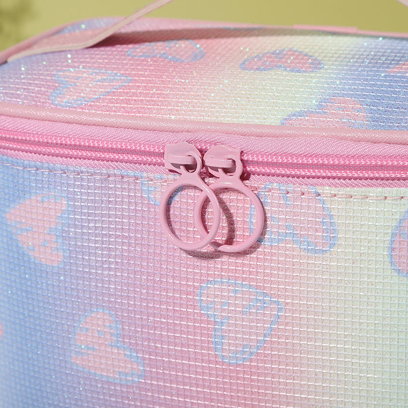 Bolsa de cosméticos con corazón arcoíris y degradado brillante