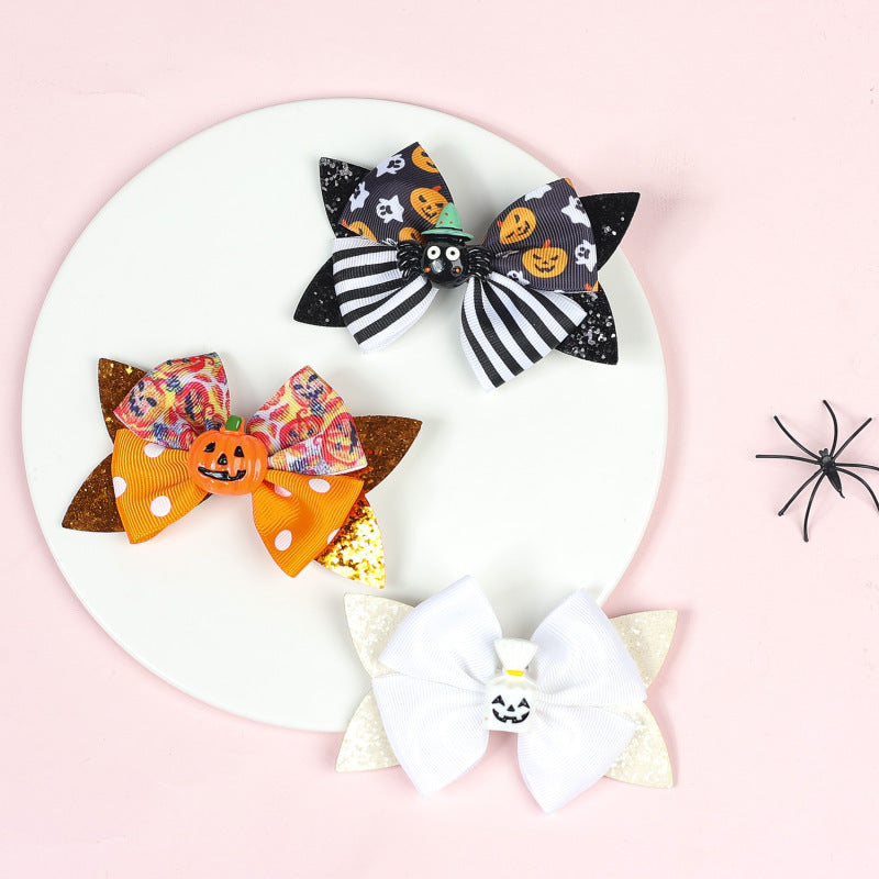 Children's Sequined Pumpkin Spider Bow Hair Clip