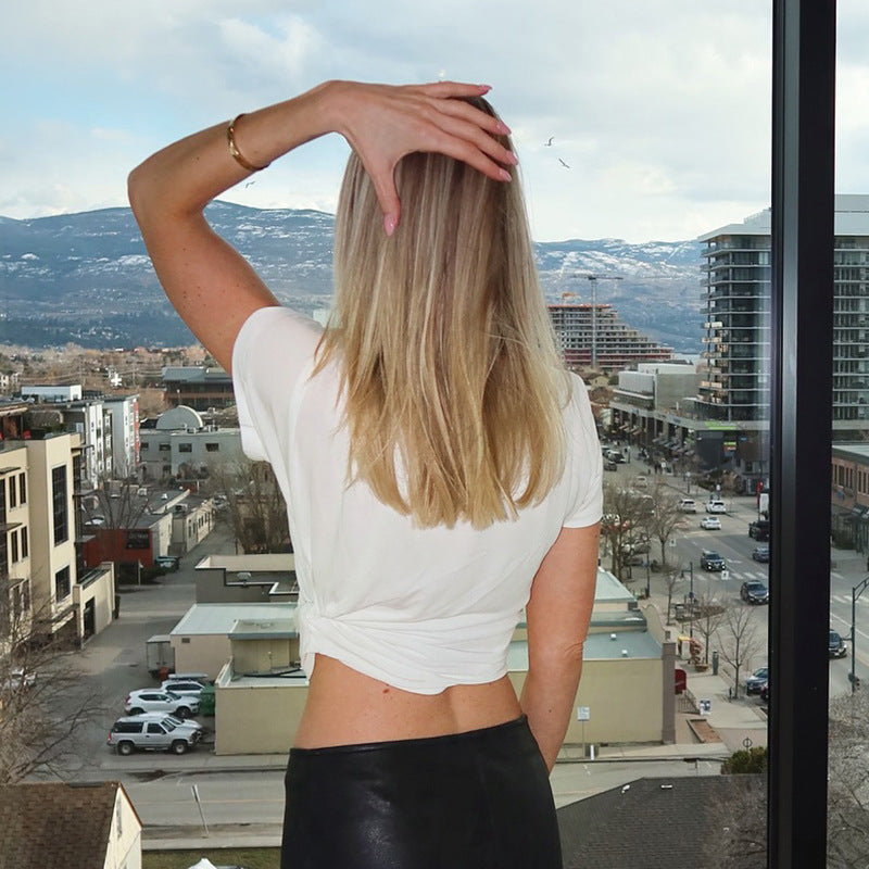 Top corto plisado de color sólido sexy a la moda para mujer
