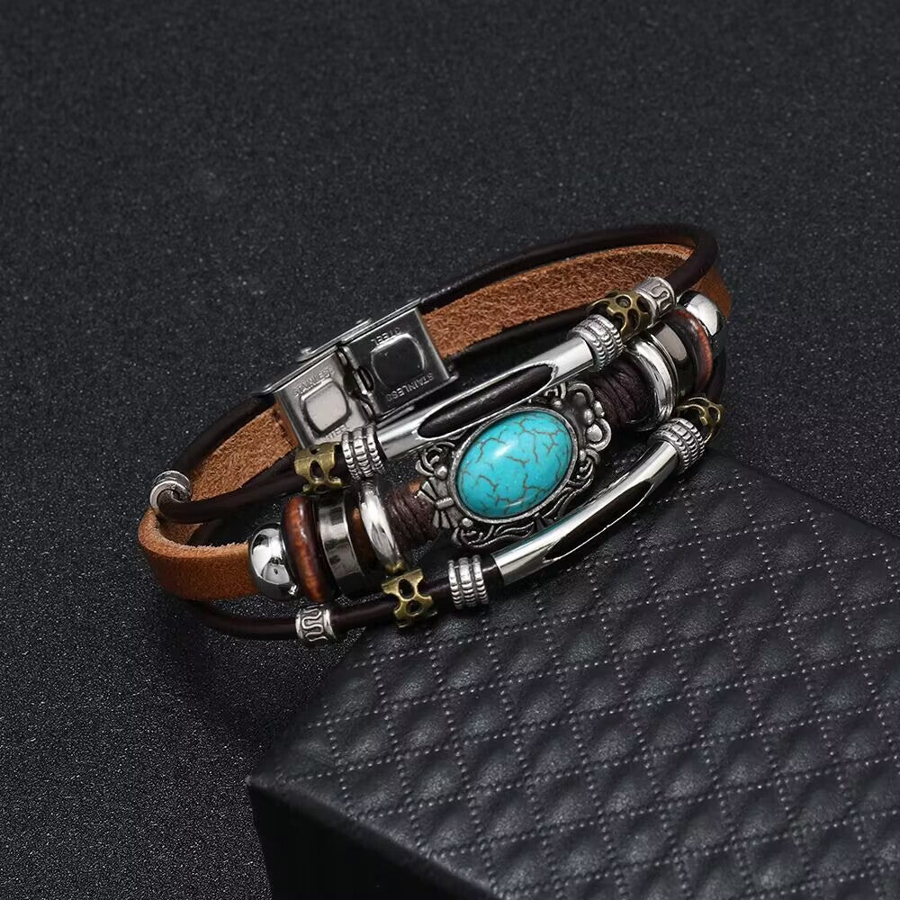 Pulsera de cuero turquesa retro bohemia para hombre