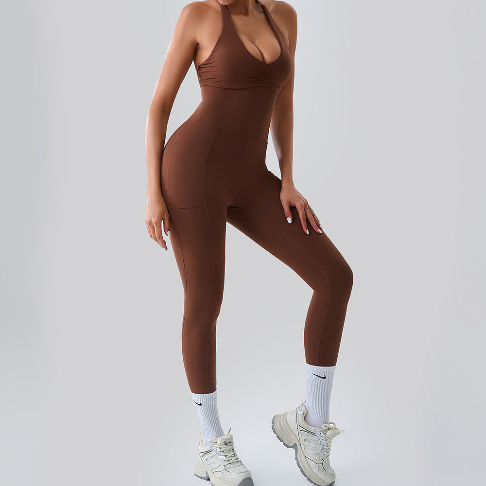 Women Fashion Sexy Solid Color Halter Neck Yoga Jumpsuit
