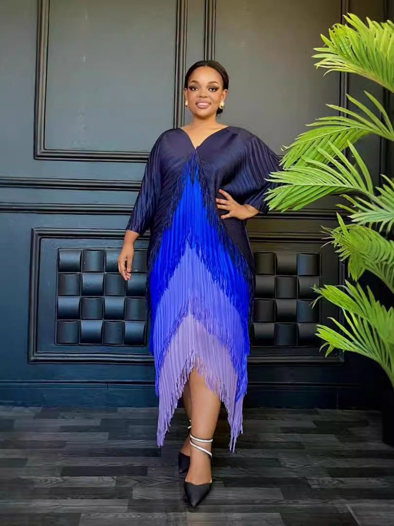 African Women Fashion Pleated Color Matching Dress