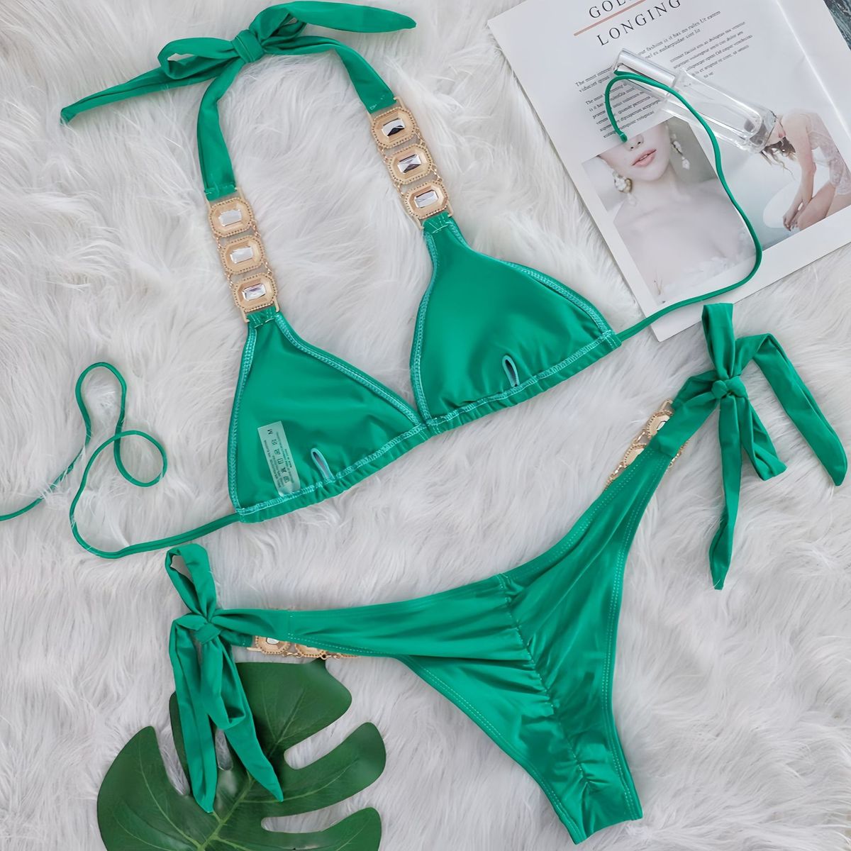 Bikini sexy con tirantes de diamantes de imitación de color sólido para mujer