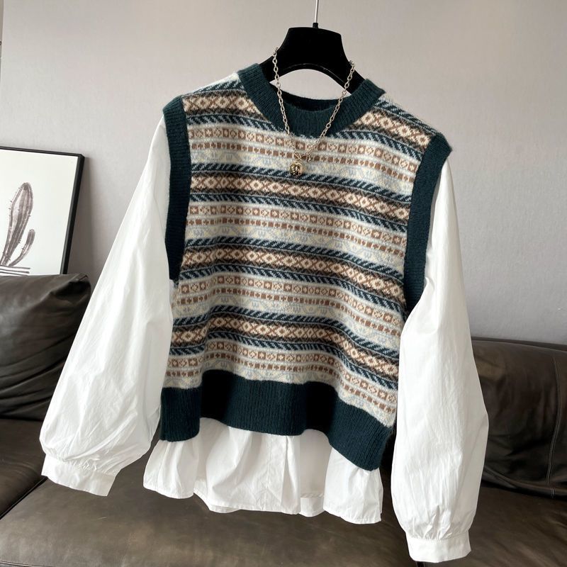 Blusa de dos piezas con costuras falsas informales a la moda para mujer