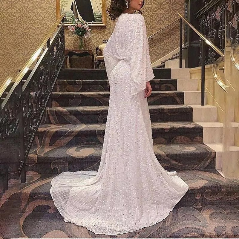 Women Fashion Elegant Sequin V-Neck Long Sleeve Dress