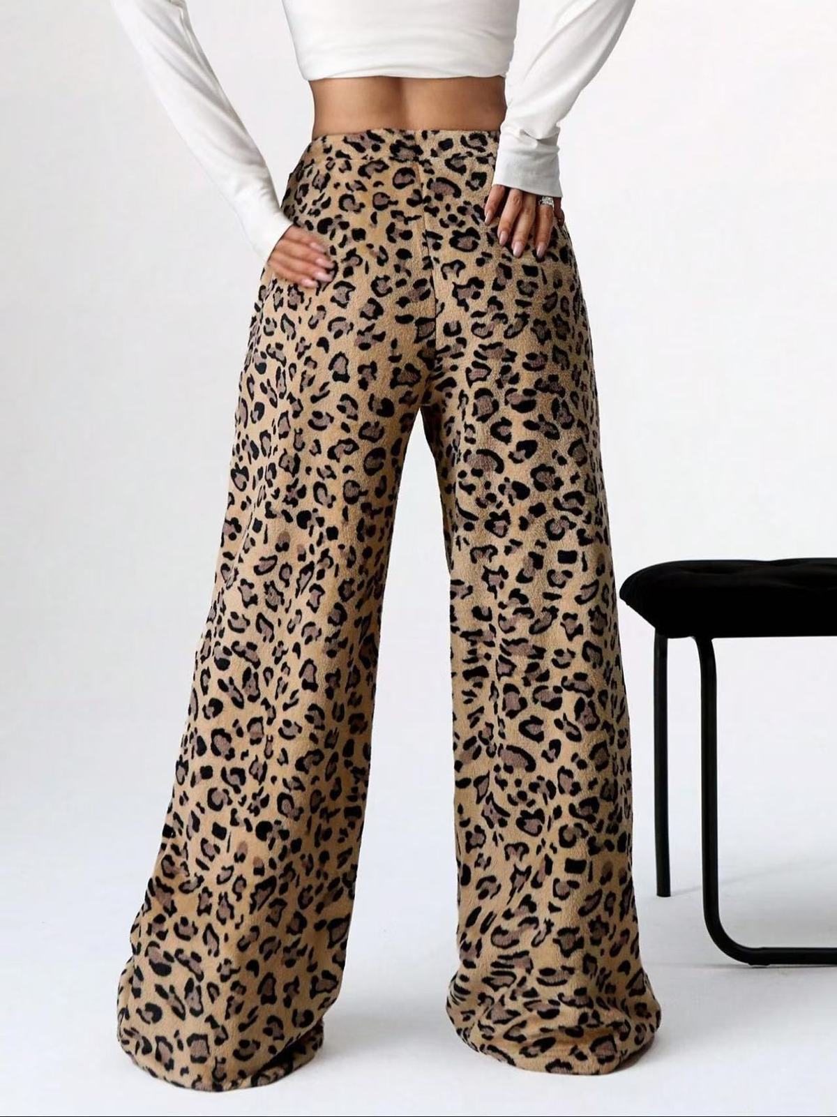 Women Casual Leopard Straight Leg Wide Leg Pants