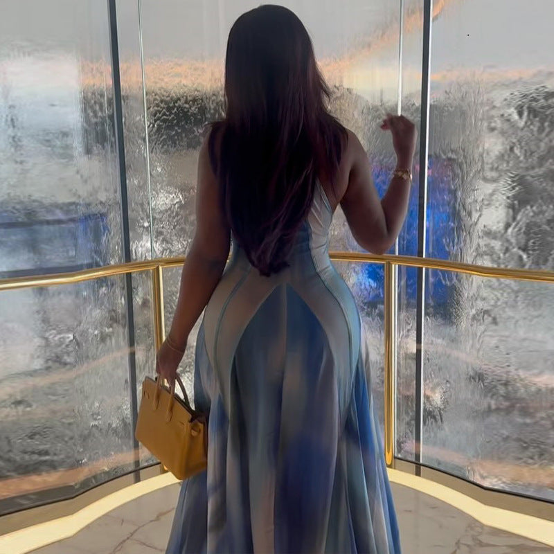 Robe longue élégante à imprimé dégradé et col licou pour femme