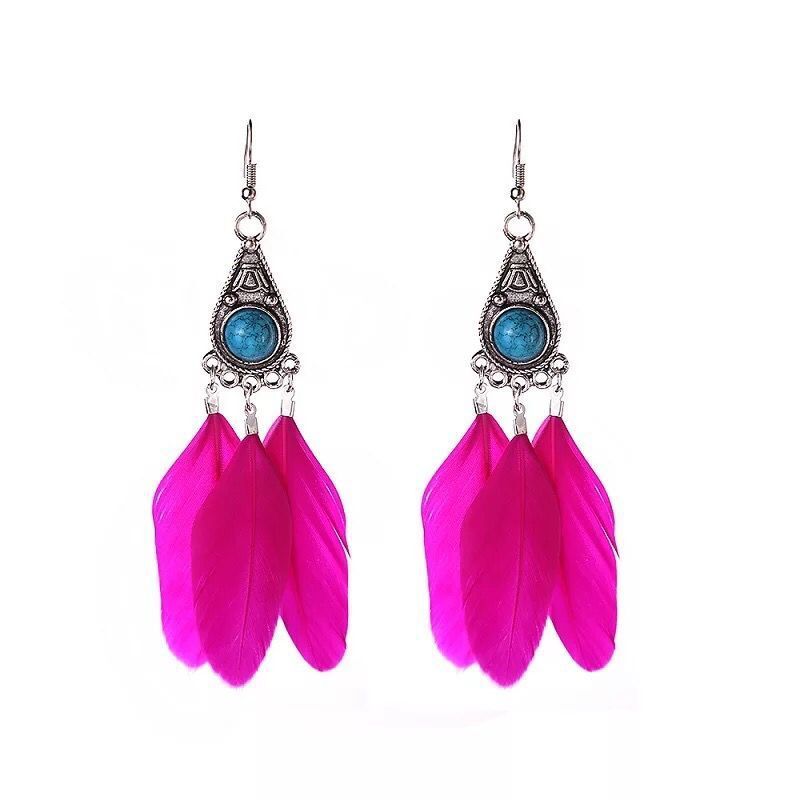 Boucles d'oreilles pendantes en plumes turquoise style bohème vintage pour femme